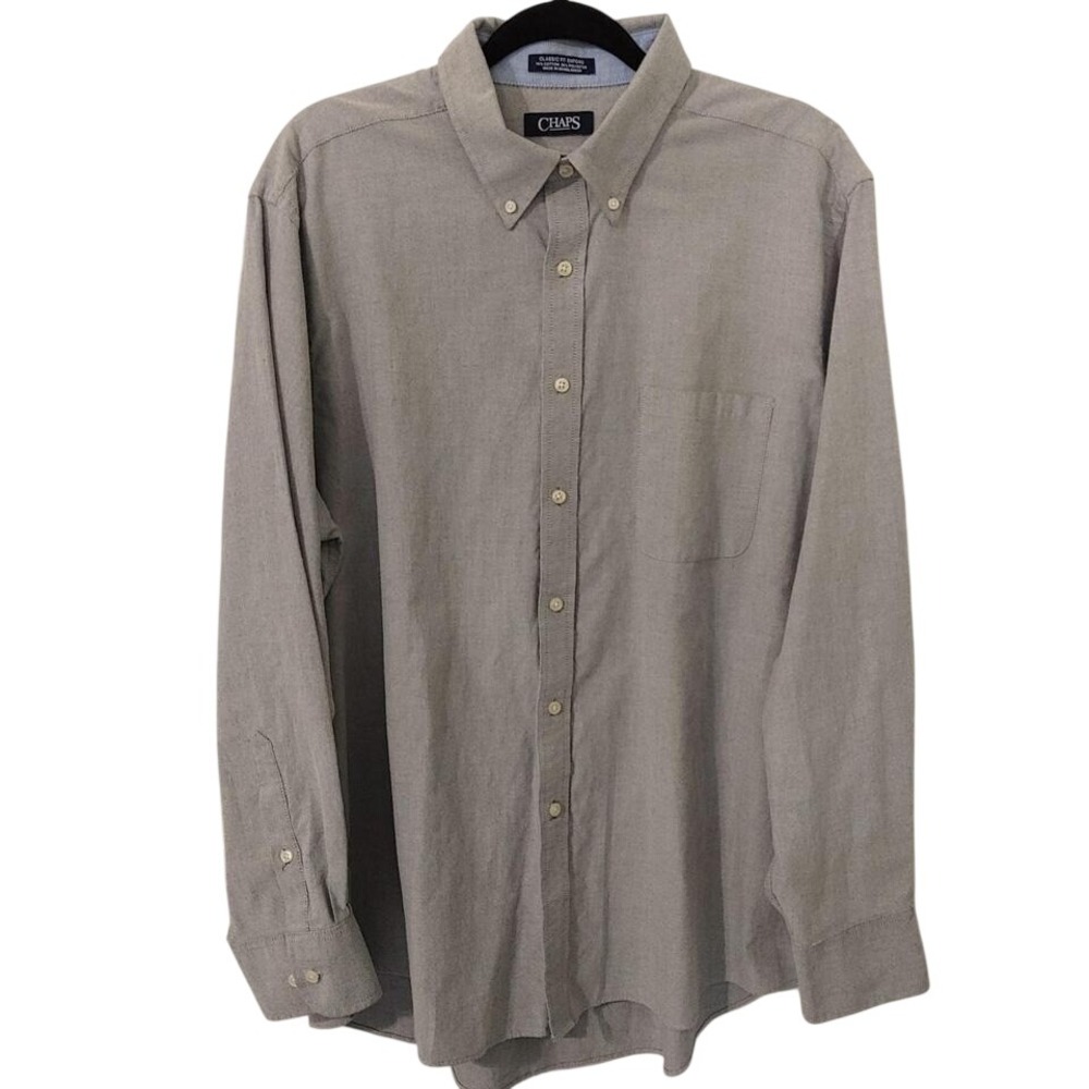 Chaps Mens Classic Fit Oxford Shirt Gray Wrinkle Free Button Down 17-17.5 34/35